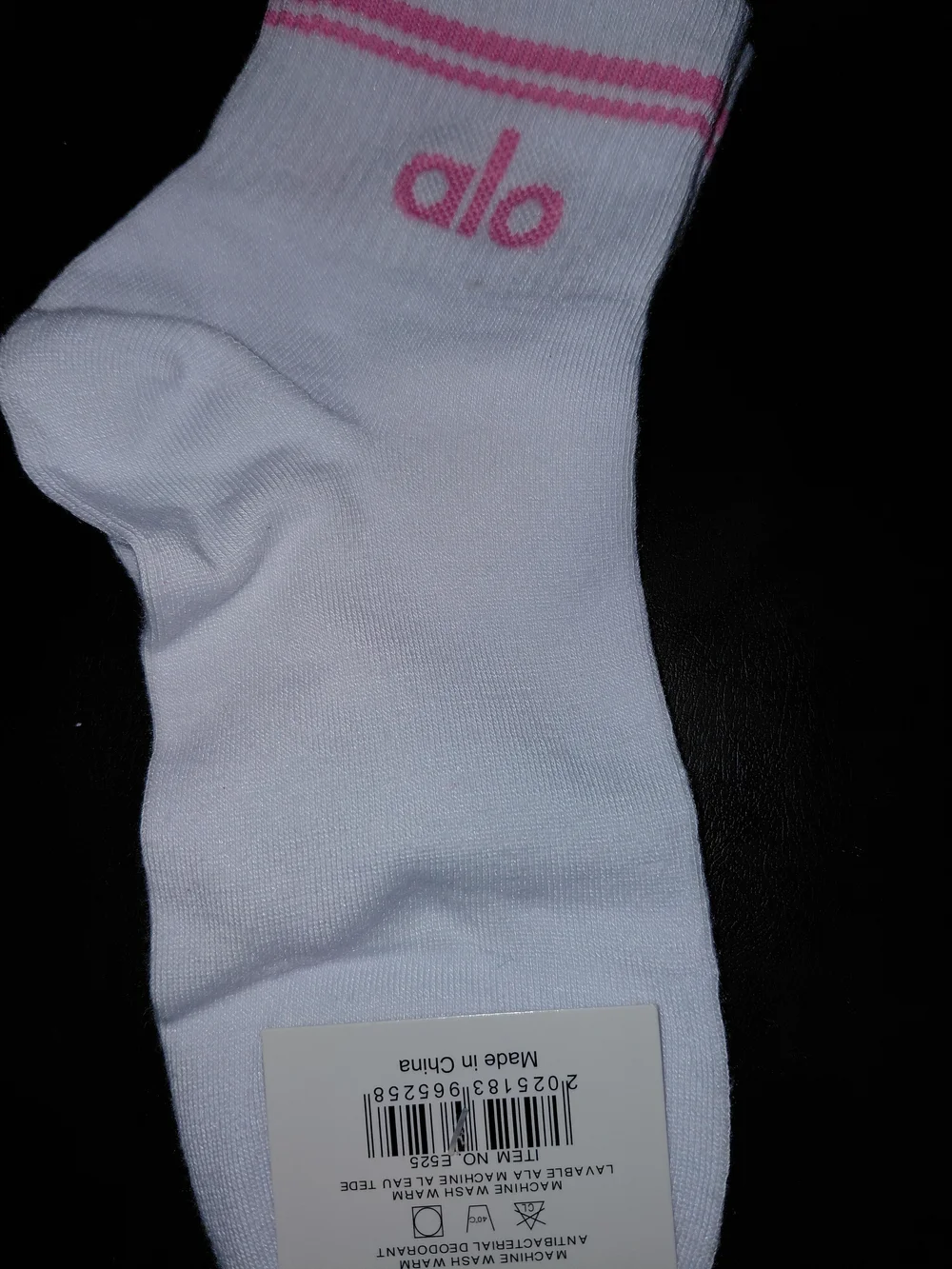 ALO Unisex Yoga White Crew Socks with Pink Logo & Stripes